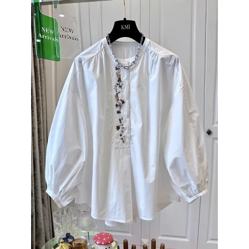 

Женский топ SuperAen Chic, лето 2025 года, свободная рубашка в повседневном стиле с вышивкой и бусинами