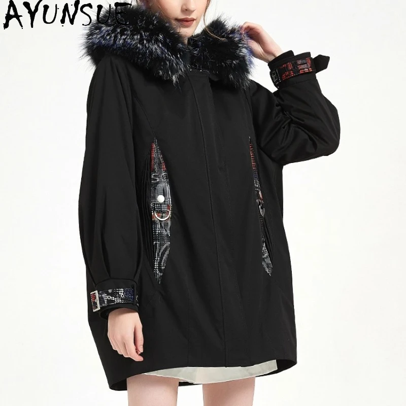 

AYUNSUE парка из натурального меха для женщин 2025 Rex Rabbit Liner съемное теплое пальто женская зимняя одежда воротник из лисьего меха Шуба Женская