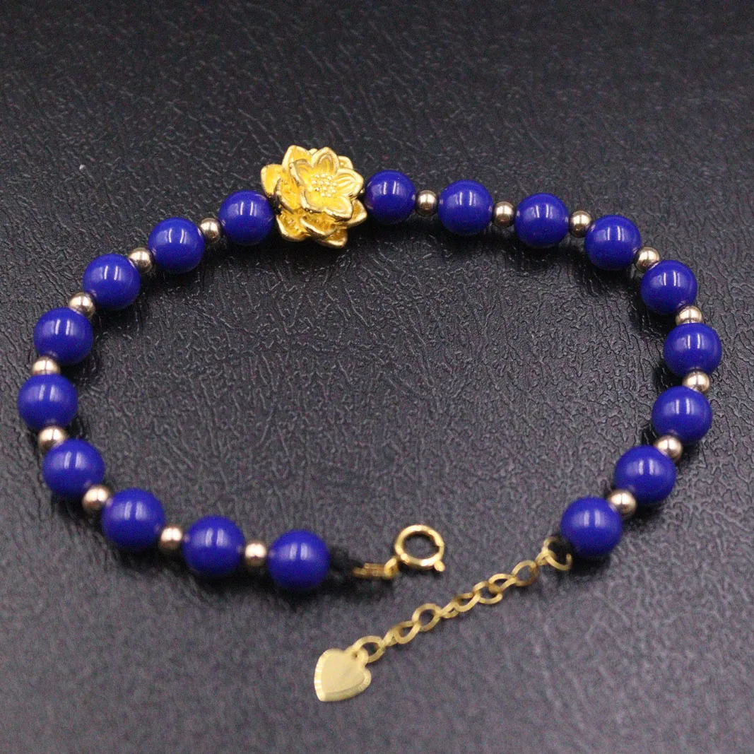 999 Pure 24k Yellow Gold Lotus Bracelet Women's Lapis Lazuli Bead 18K Link 7inch