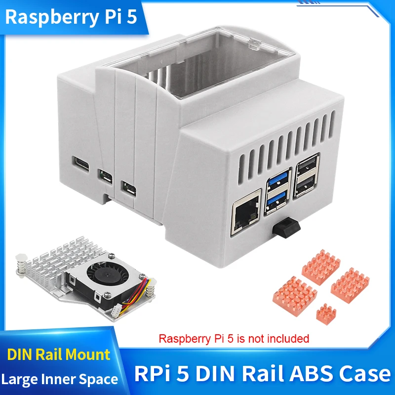 Caso ABS para Raspberry Pi 5, Din Rail Shell, Grande Espaço Interno, Caixa de Proteção de Janelas Claras, Dissipadores Opcionais, Refrigerador Ativo