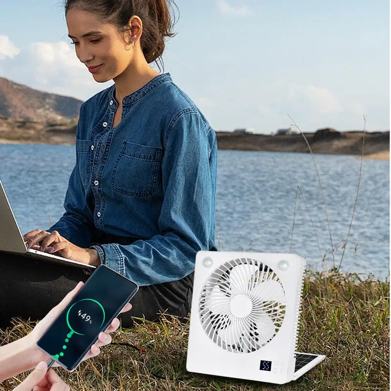 

Solar Power Fan Cooling Solar Fan Camping Gear Rechargeable Folding Quiet Cool Gadgets With LED Lights 3 Speeds Survival Gear