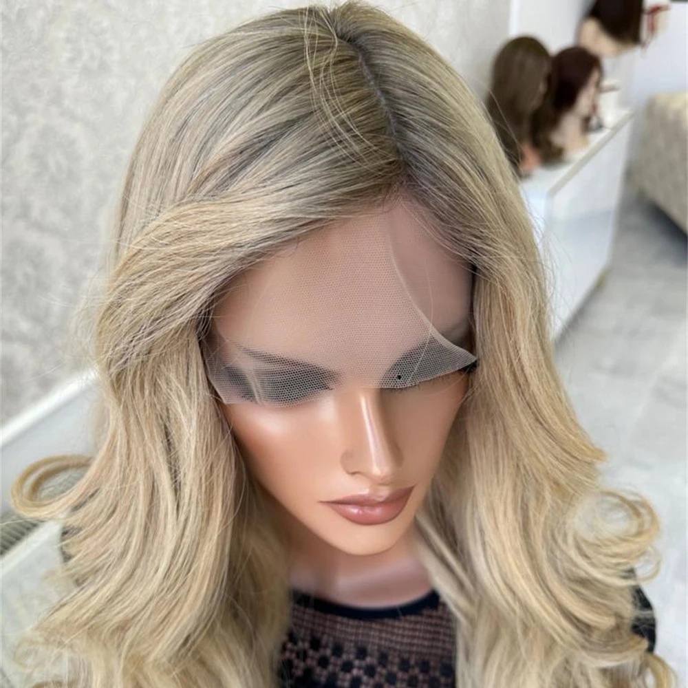 

Синтетический парик спереди, длинный волнистый, 36 дюймов, волнистый, свободная часть, парик шнурка для женщин, парик спереди, Ombre Blonde, парик для косплея, пепельные корни