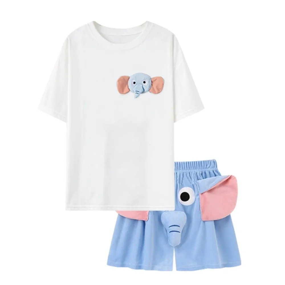

Nightdress 3D Ears Elephant Trunk Pajamas Loose Nose Short Sleeve Sleepwear Funny Couple Pajamas Suit Women Men