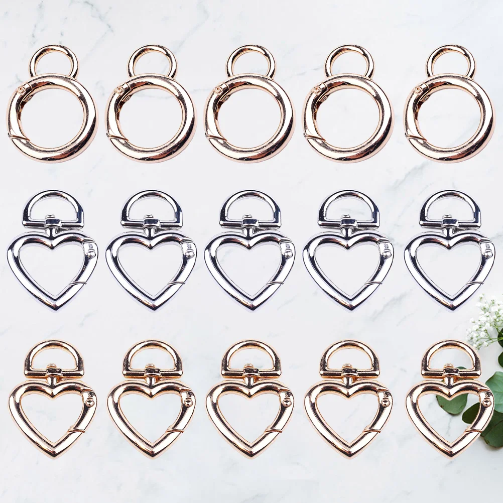 15pcs Zinc Alloy DIY Keychain Accessories Keyring Buckle Key Holder Hanging Ring Decoration (Heart Silver+Heart Golden+Round Gol