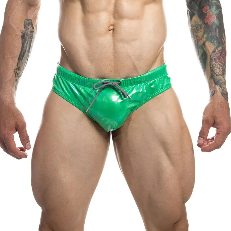 Mens Faux Leather Swimwear Bikini with Pad Men Bathing Suit Quick Dry Beachwear Shiny Beach Trunks Swimsuit Swimming Briefs