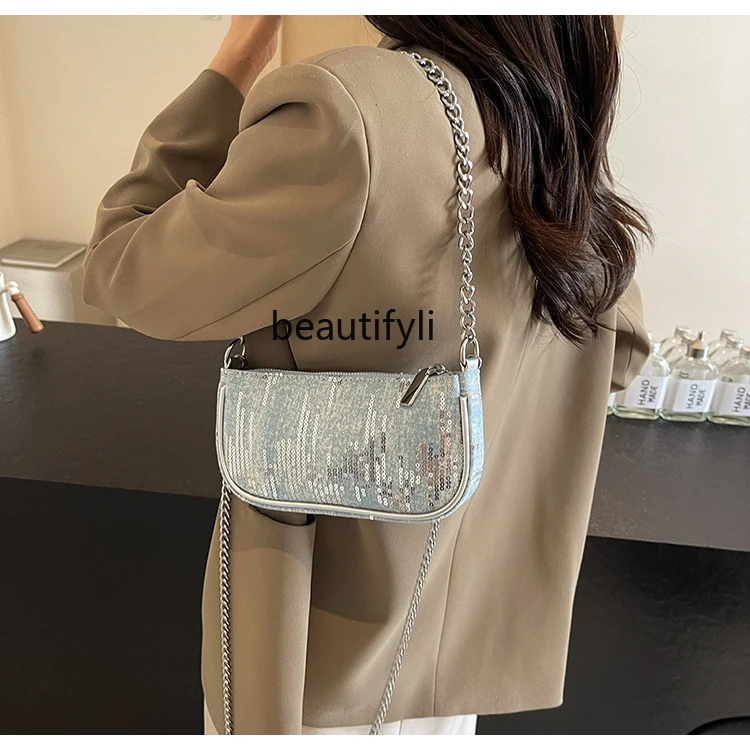 Denim Sequin Pouch Women's Summer New Shoulder Underarm Bag Special-Interest Design Chain Crossbody Small Square Bag