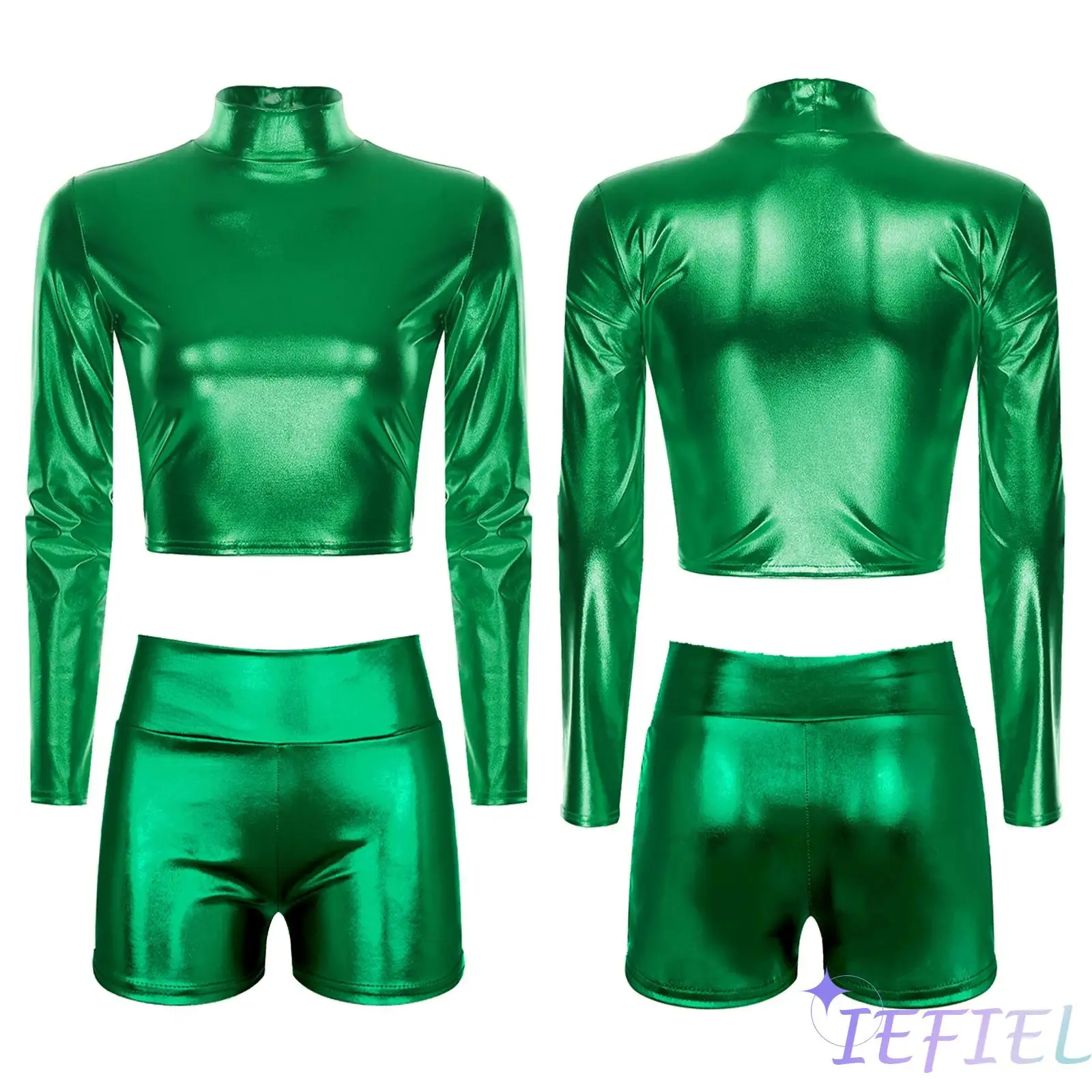 Conjunto de Fitness para mujer y niña, ropa metálica brillante para fiesta de baile, Festival de Música, Raves, Club, Bar, baile en barra