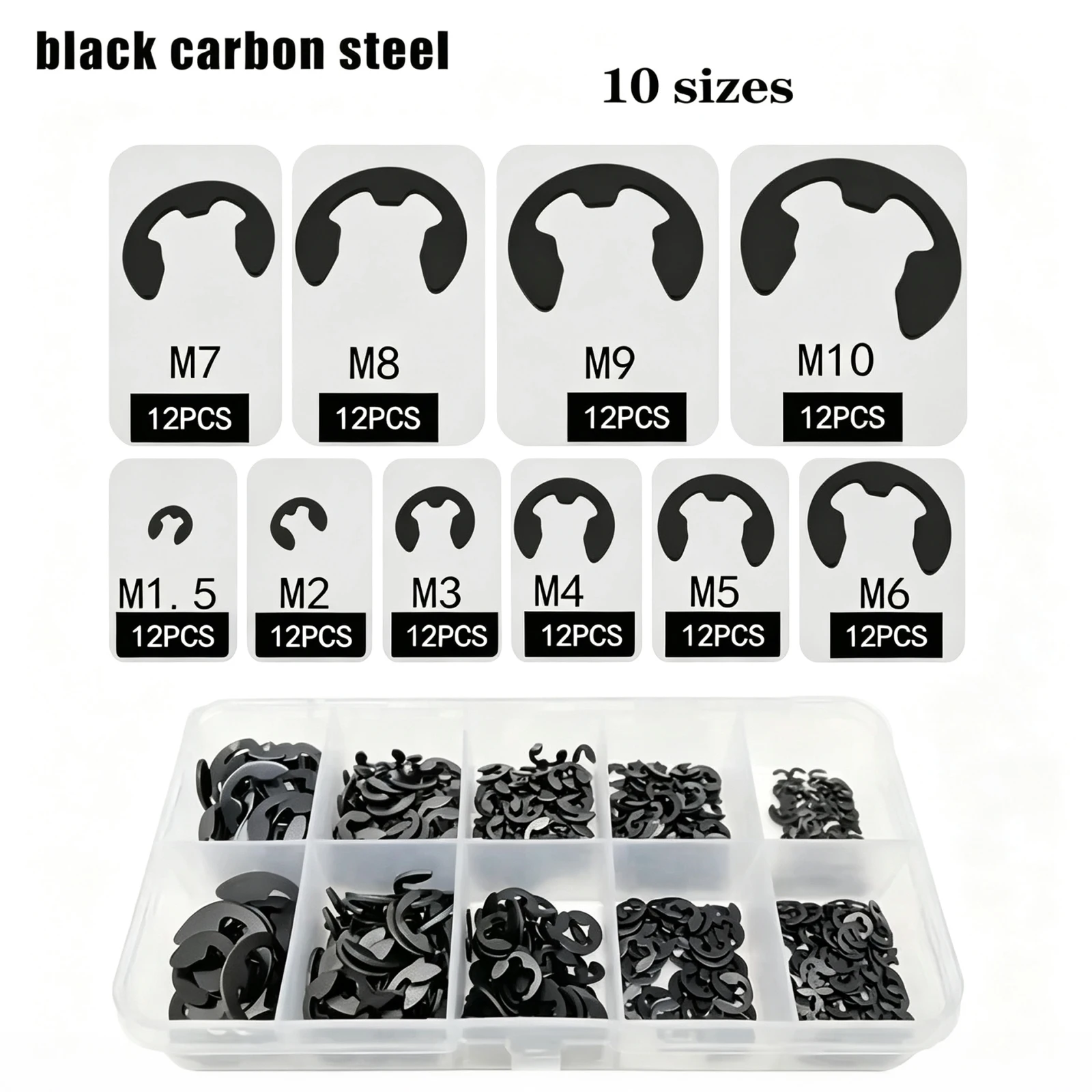 120PCS 10 Sizes M1.5-M10 Black Stainless Steel E-Clip Washer Set, External Snap Ring E Type Retaining Circlip for Shaft Fixing
