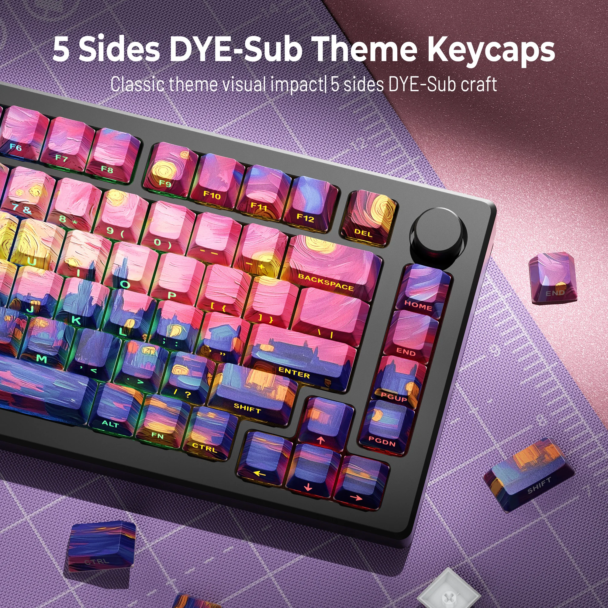 XVX Van Gogh's Starry Night PBT Keycaps Double Shot Side Print Shine Through Oil Painting Theme Cherry Red Keycaps 131 Keys