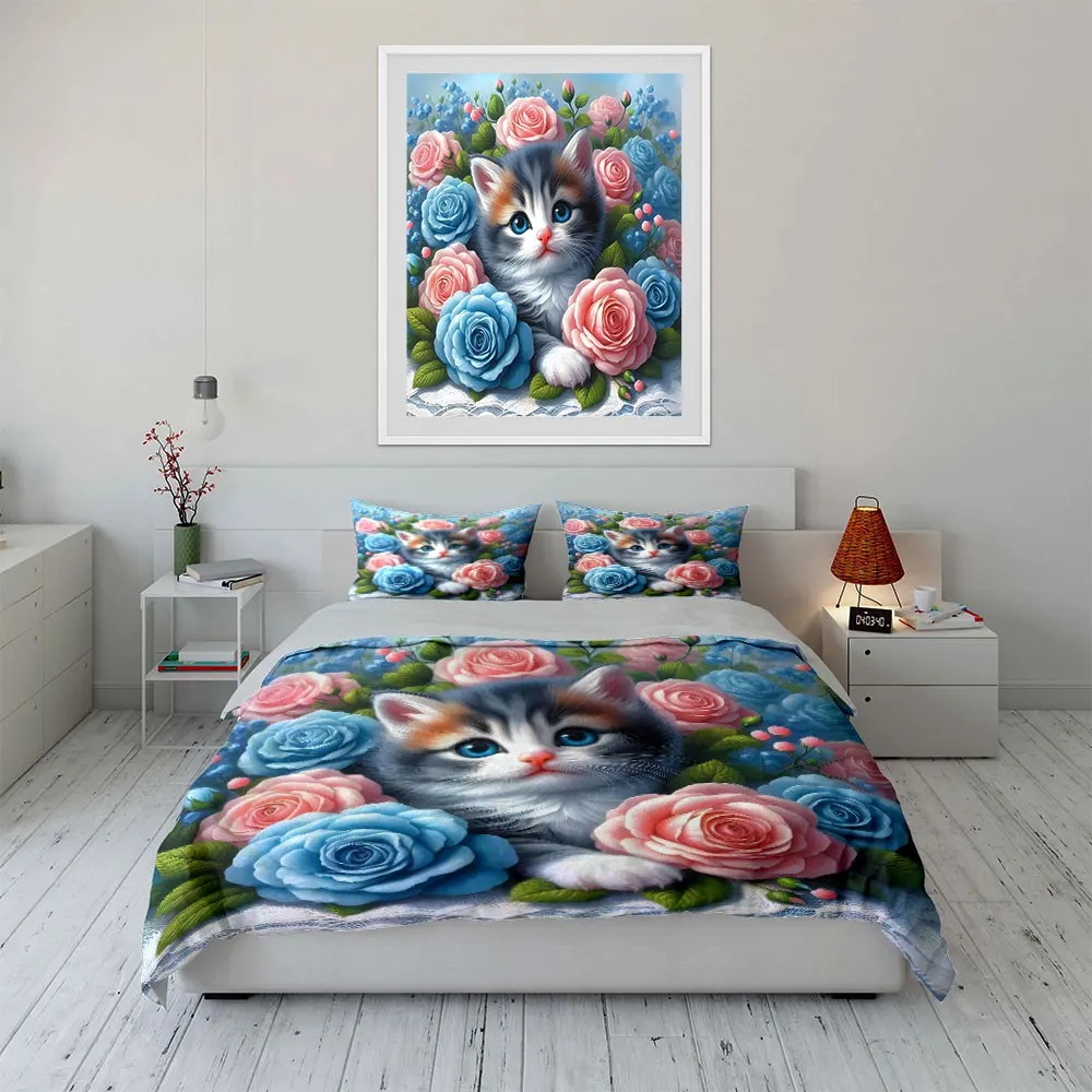 Cute kitten with pink roses Print Soft Comfortable Duvet Cover Bedding Set Included 1*Duvet Cover  2*Pillowcases Luxury gifts