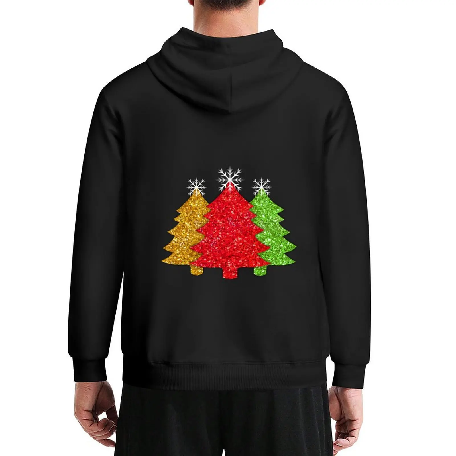 Sparkling glitter red gold green Christmas tree pattern frosty snowflakes Hoodie men's winter sweater hoodie streetwear