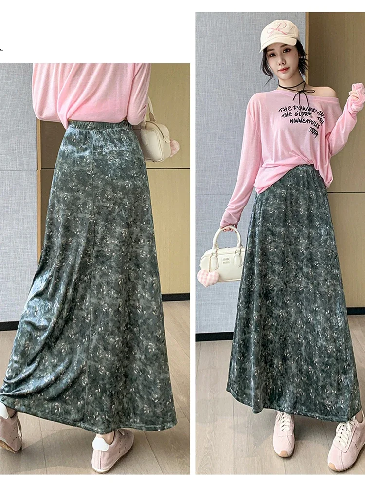 Vintage Blumen bedruckte Samt röcke Frauen lässig hohe Taille Herbst Winter Faldas Mujer koreanische Stretch mittellang eine Linie Rock