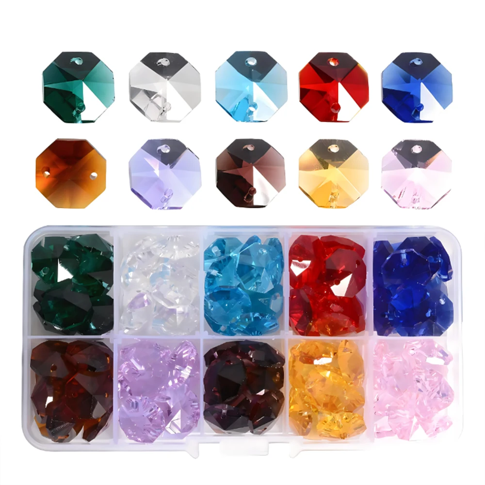 

Colors 14mm Crystal Glass Octagon Beads With 1/2 Holes Prism Garland Strand Chandelier Chain Part Curtain DIY Jewelry Making