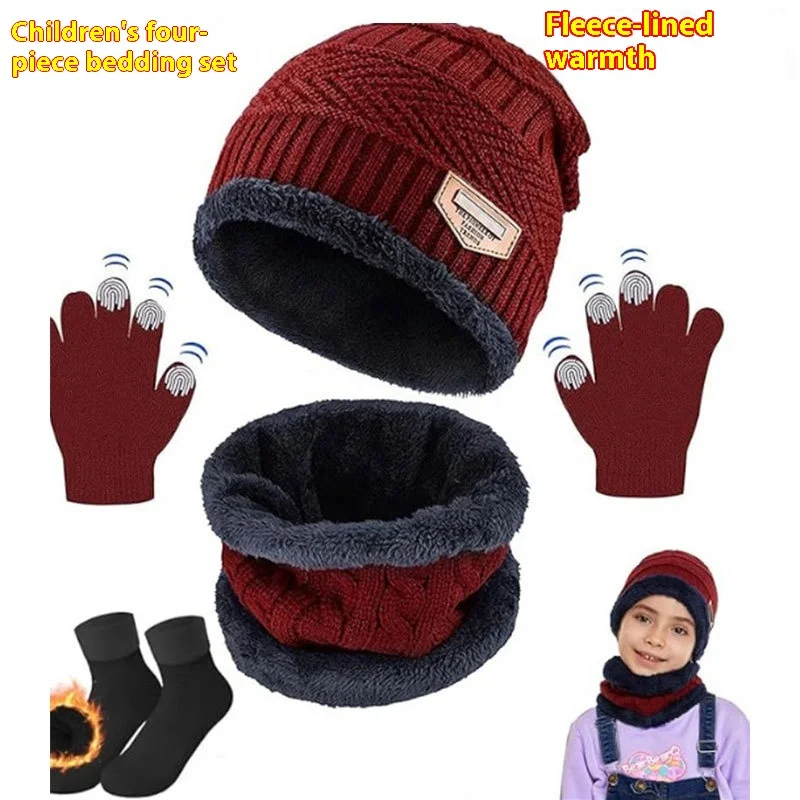 4pc Kinder Winter Hut Schal Handschuhe Set mit Socken Warme Fleece Gefüttert Gestrickte Beanie Dicke Ohrenschützer Schal Großhandel