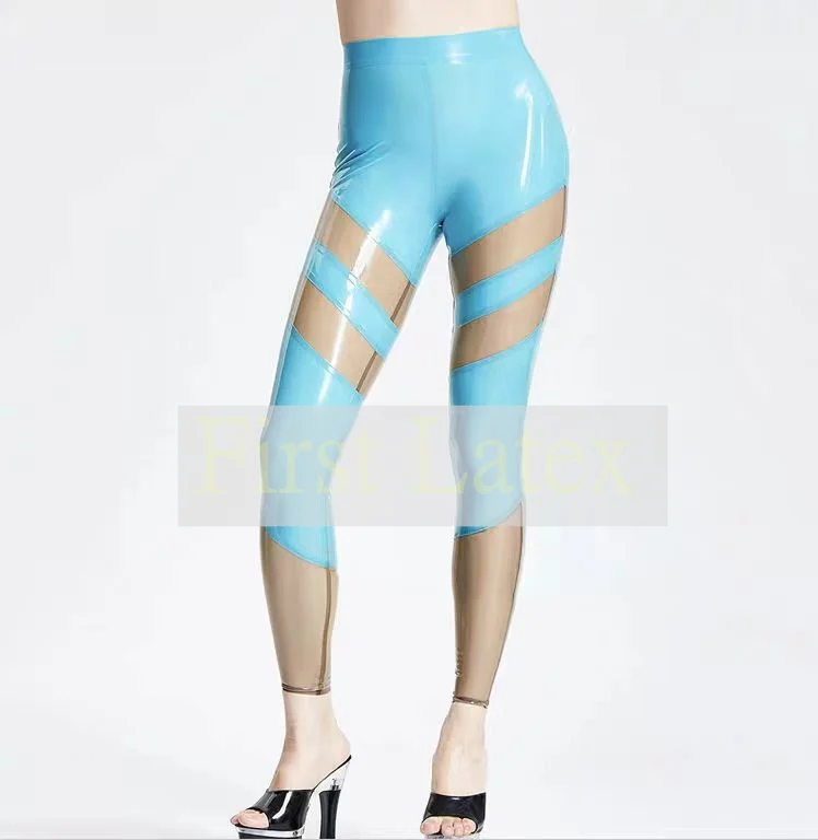 

Новый дизайн, женские латексные двухцветные леггинсы ручной работы, латексные брюки Gummi 0,4 мм, прозрачные черные с небесно-голубым цвета (годобываемый цвет)