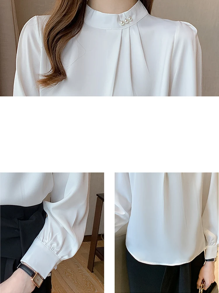 Blusas Mujer De Moda 2024 Long Sleeve Blouse Women Stand Collar White Chiffon Blouse Shirt Women Tops Shirts Blouses Femme F286