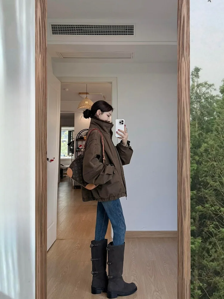 

Женская зимняя свободная шуба из синтетического меха Ele Brown с меховым воротником и воротником-стойкой Long Sve, повседневная одежда