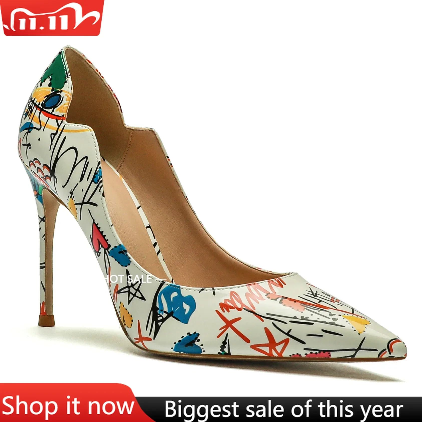 

【Measure your feet length before order】Graffiti Women Stiletto High Heel Pumps Pointy Toe Sexy Runway Fetish Prom Shoe 41-CHC-33