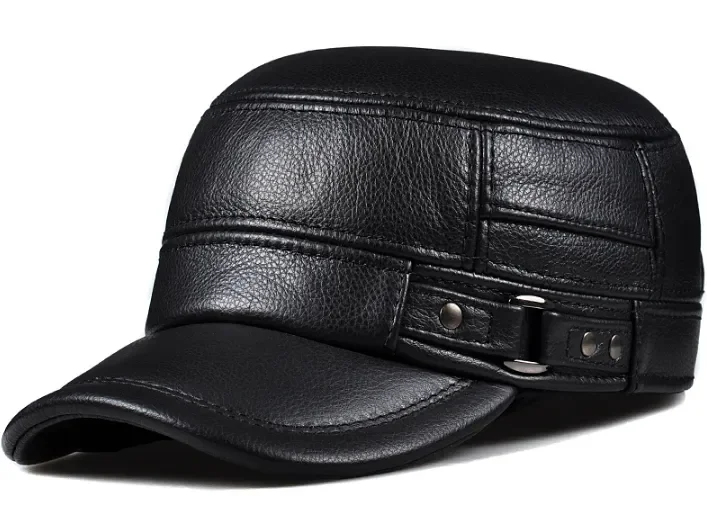 Winter Genuine Leather Cap Men's Flat Caps Military Hat Elegant Man Baseball Cap British Vintage Cowhide Ear Warm Hat