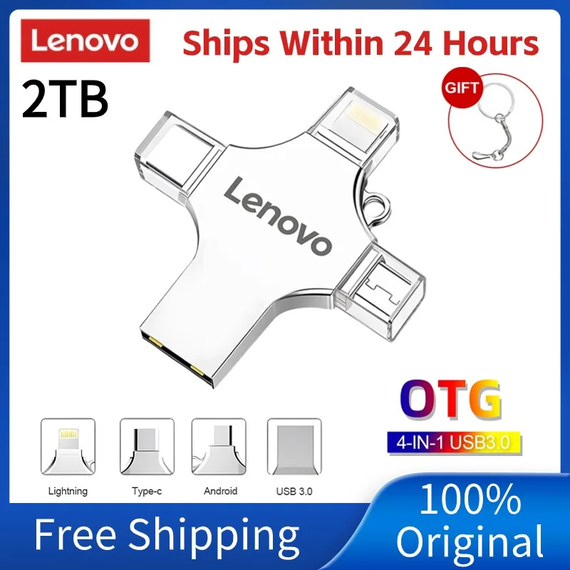 Lenovo-unidad Flash USB 3,0 4 en 1, PenDrive tipo C, 2TB, OTG, Memory Stick, SSD, 1TB, alta velocidad, para Ipad, IPhone, Notebook