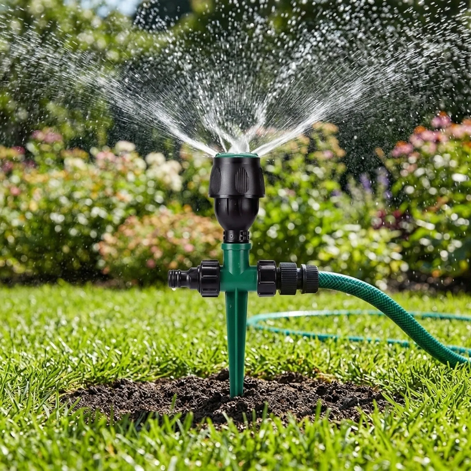 Lawn Water Sprinkler with Full For 360 Degree Rotation and Dual Water Inlets for Extended Coverage on Grass Fields and Nurseries