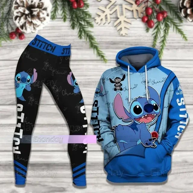 New Disney Stitch 3D Women's Hoodie Leggings Suit Stitch Yoga Pants Sweatpants Fashion Sports Suit Disney Women Yoga Suit