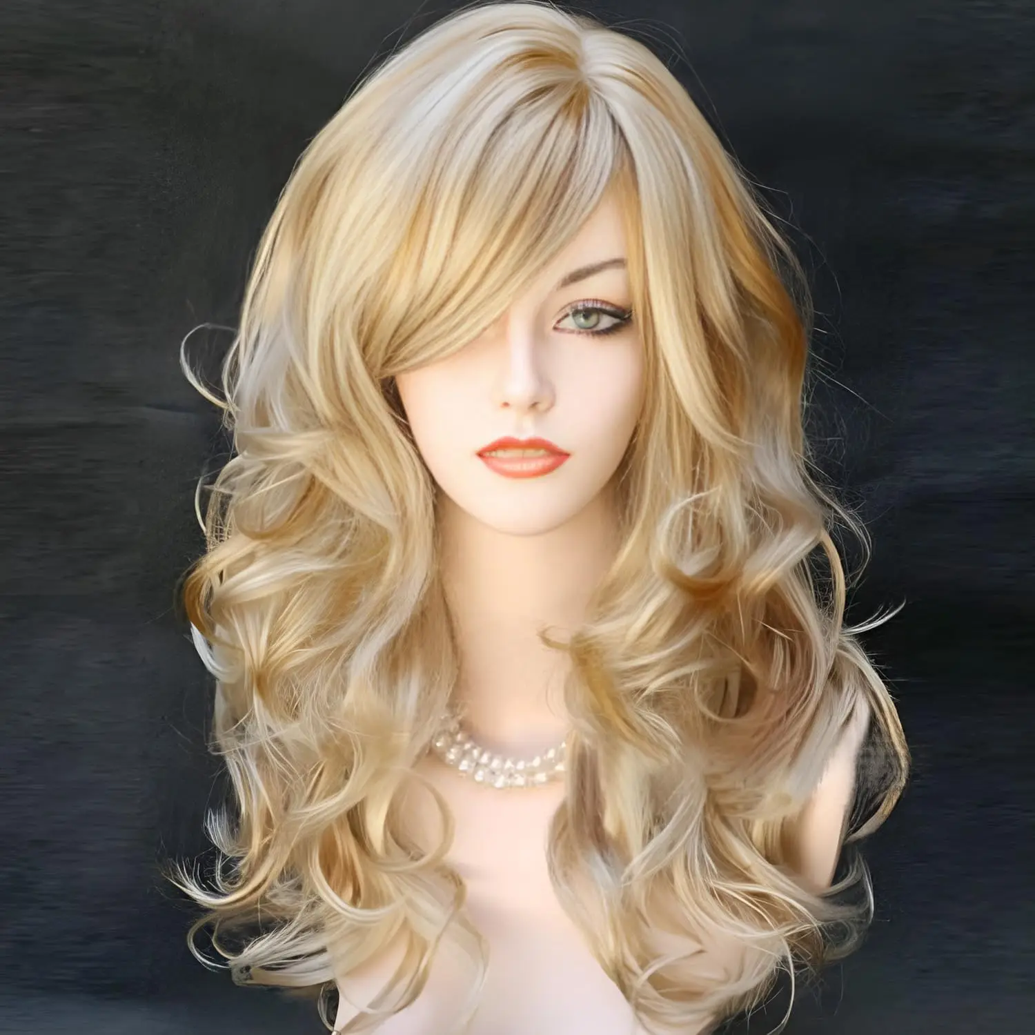 22 Inches Blonde Mix Brown Disco Wig Long Curly Mix Blonde Wig with Bangs Long Wavy Wig for Halloween Cosplay Costume Party
