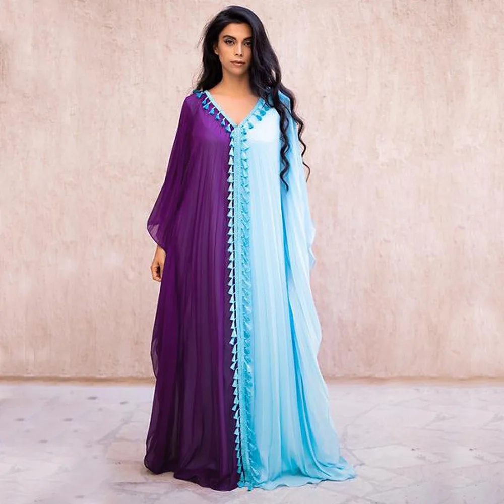 

Middle Eastern Tassel Fringe Purple Blue Double color Women's dress Muslim Jalabiya Robe Abaya Dubai Moroccan kaftan