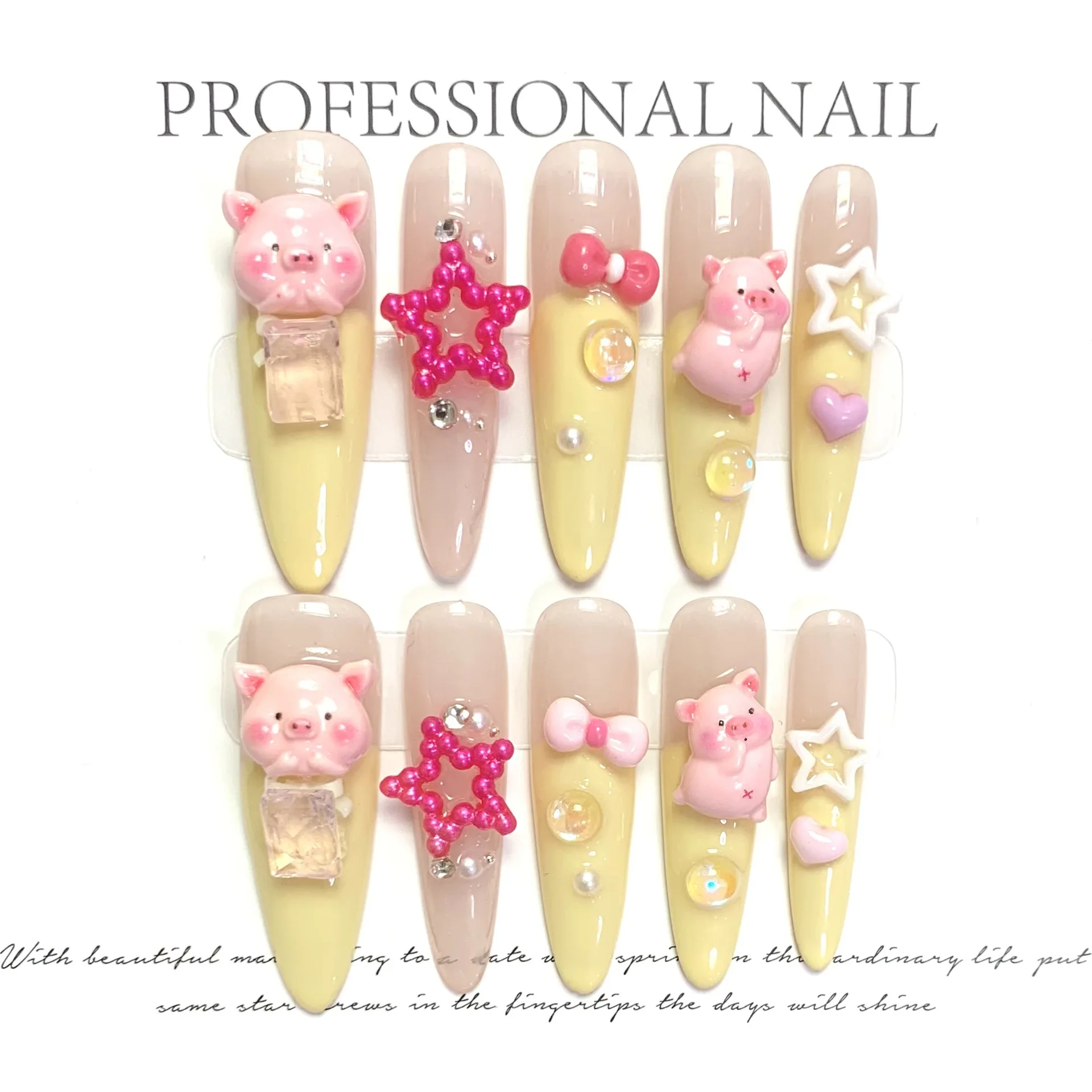 

Kawaii 3D Little Pig Handmande Press On Fake Nails Sticker Wearable Yellow French Long Almond Artificial Nail Full Cover Nail