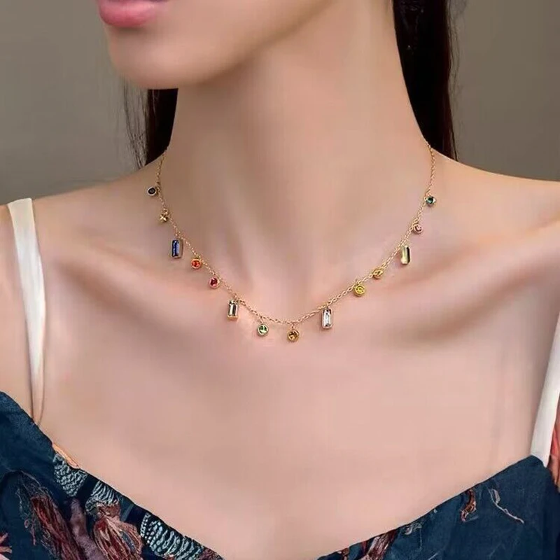GANPUP 316L Stainless Steel Colored Crystal Pendant Necklace For Women New Chokers Neck Chain Romantic Colorfast Jewelry Gift