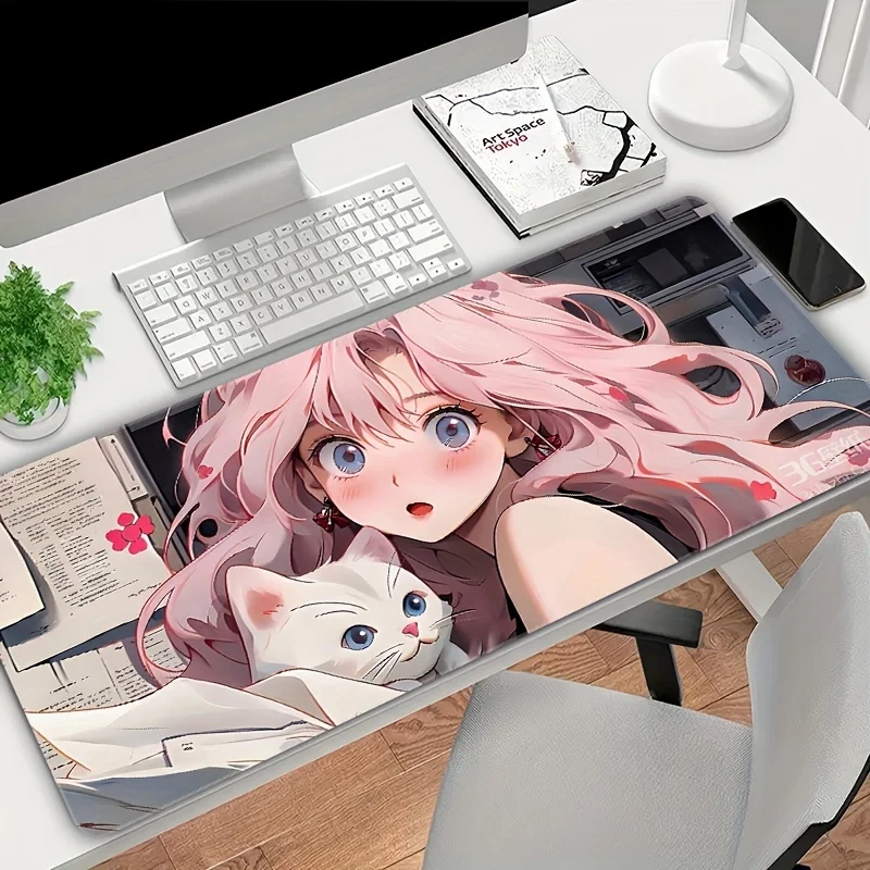 

Pink Haired Girl and Cat Extended Mouse Pad Durable Rubber Non-Slip Desk Mat for Gaming Office Home Decor