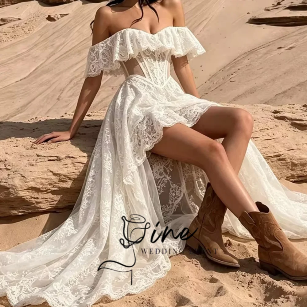 Oine Hi-Lo Boho Lace A-Line Wedding Dresses Pleat Off The Shoulder Strapless Open Back Robe De Mariée Party Gown Customized