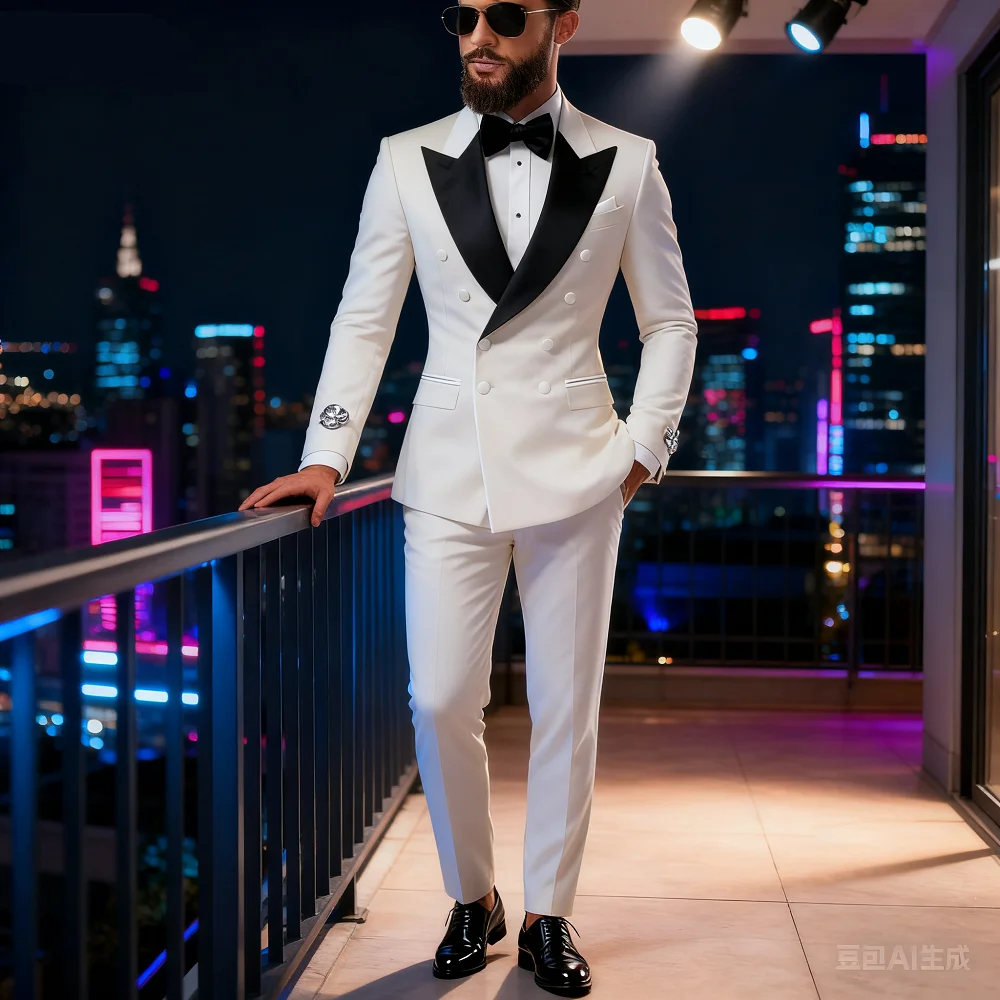 

Men's 2-Piece Casual Smalking Set with White Lapel Blazer And Black Pants Wedding Groomsmen Suit for Ceremony And Festa