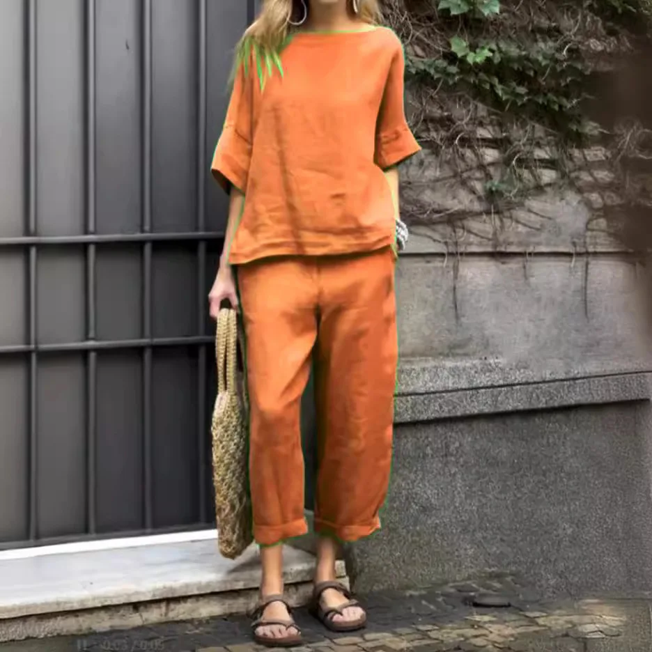 

2024 Europe United States Women's Spring Summer Explosion Pure Color Casual Cotton and Linen Round Neck Short-sleeved Pants Suit