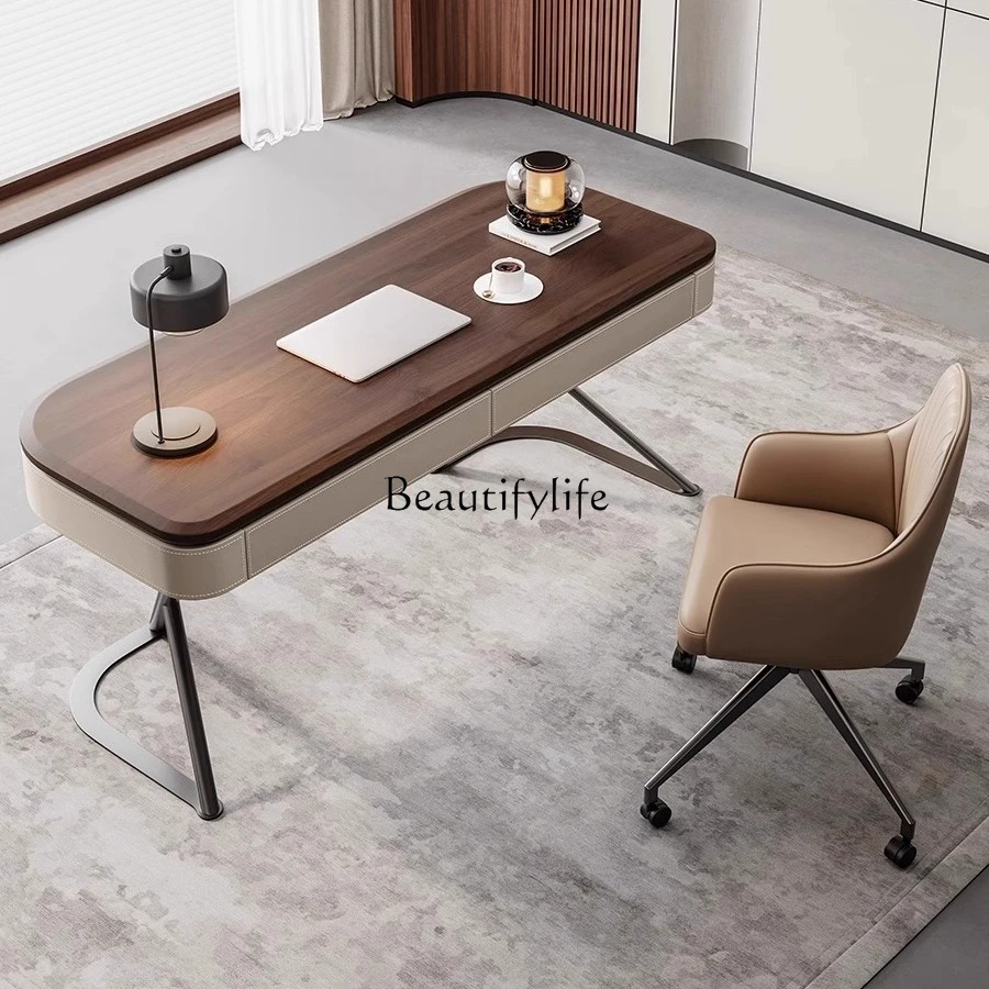 

High-end solid wood desk, antique minimalist home living room, study, walnut surface, saddle leather, computer desk