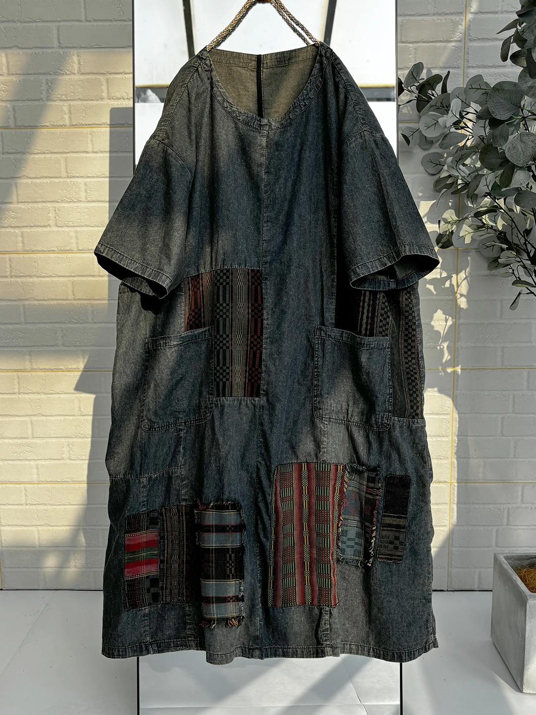 Ethnic Style Loose Casual Short-sleeve Dress Women Color-blocked Large Pockets Mid-length Dress Summer LX5789 - Image 3