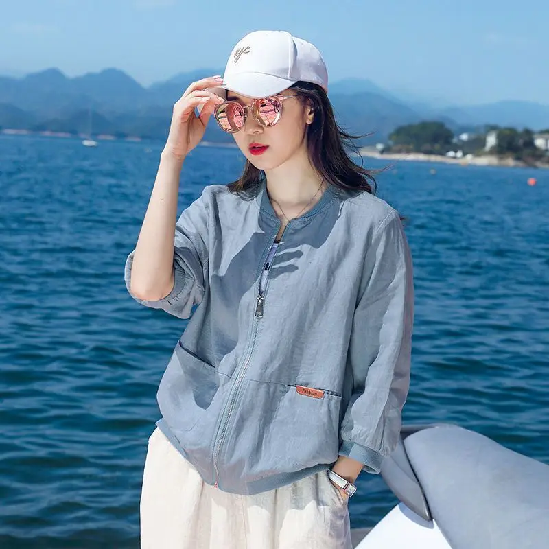 

2023 Summer New 100% Cotton Linen Thin Women's Jacket Short Linen Loose Breathable Jacket Woman