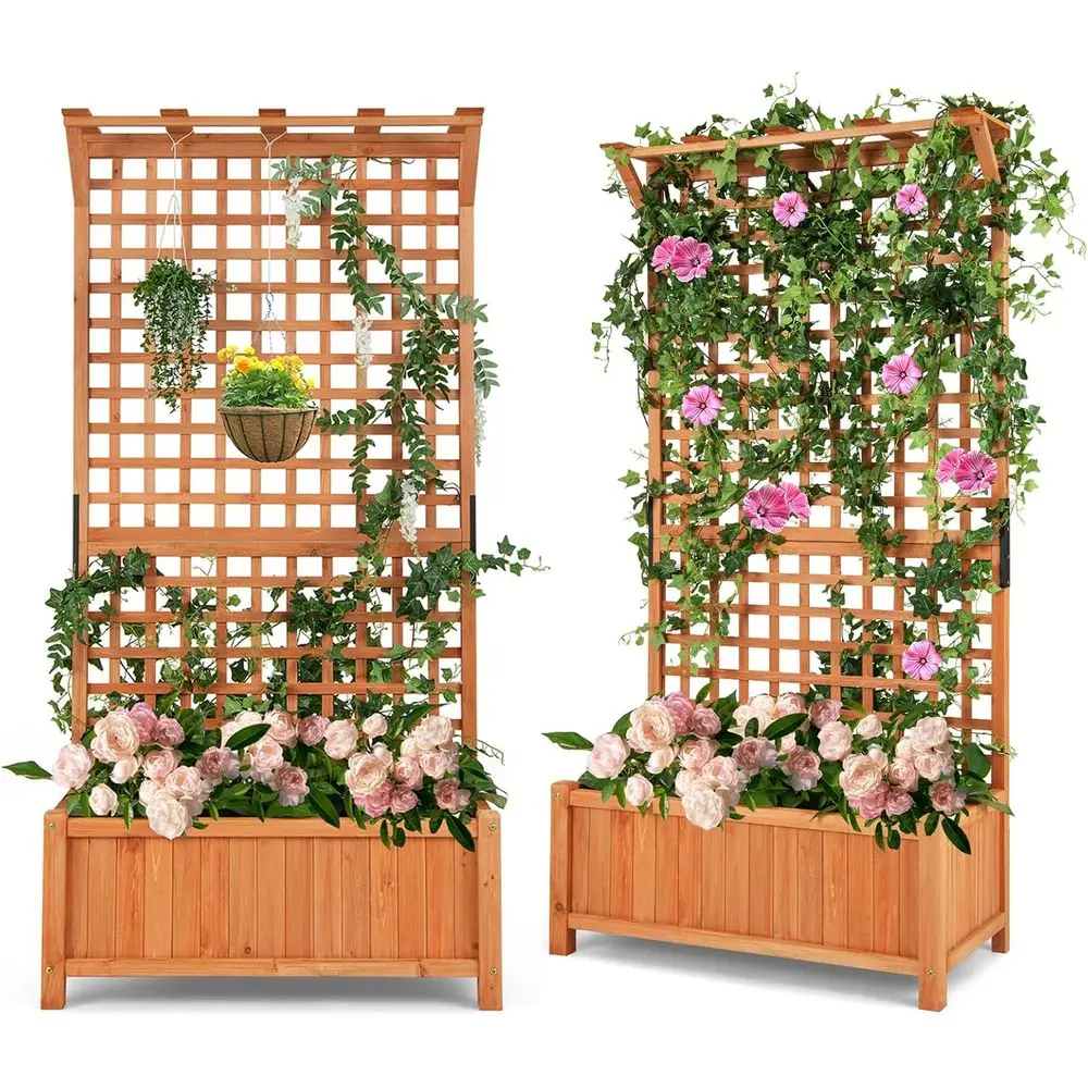 

72.5 Tall Wooden Planter Box with Trellis, Hanging Feature, Drainage and Lattice Panel for Climbing Plants