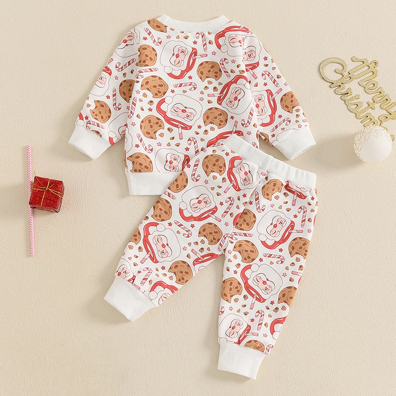 Lioraitiin Baby Girls Boys Christmas Clothes Set Cookie Santa Claus Print Long Sleeve Sweatshirt with Sweatpants Outfit