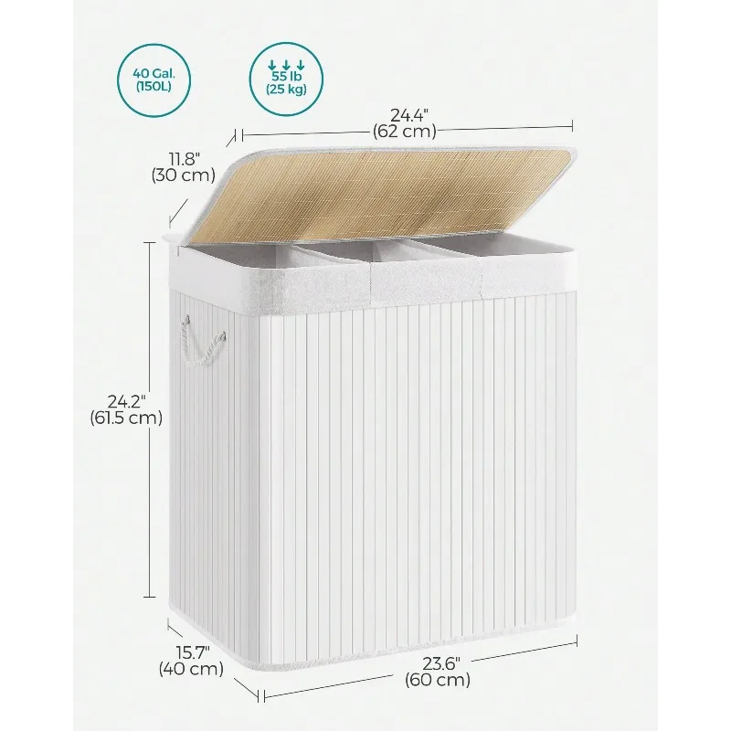 Home & Garden 39.6 Gallons Laundry Hamper, 3-Section Laundry Basket, Laundry Hamper With Lid, Bamboo, Foldable, Removable And Machine Washable Liner Laundry Storage Laundry Sorter, White