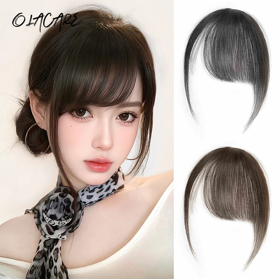 100% Human Hair Bangs Natural Brown Wispy Bang Hair Clip in Bangs Fringe with Temples Hairpiece for Women Clip on Air Bang 4.5in