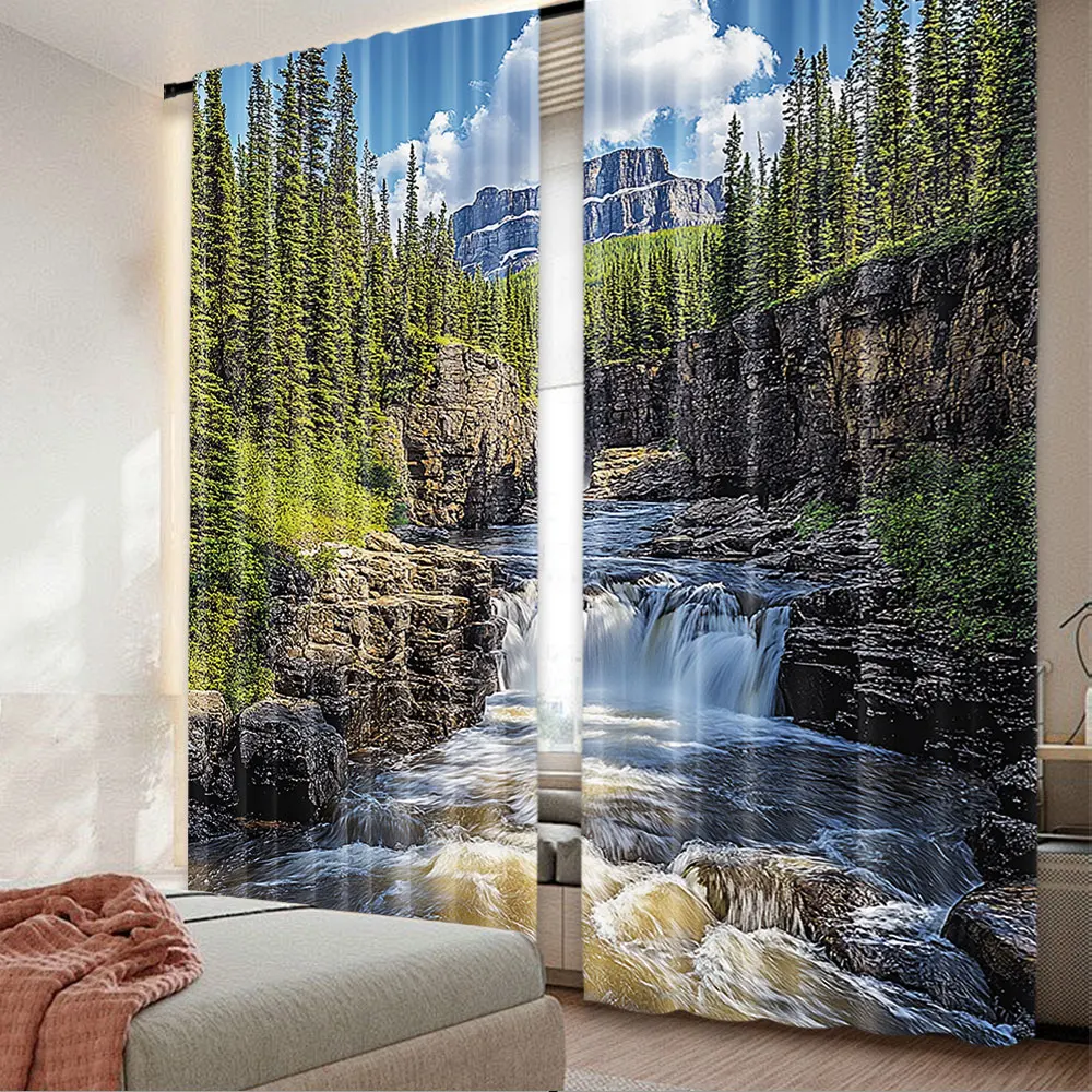 

2Pcs Landscape Curtain River Float Between Rocks In Forest Northern Recreation Camping Rafting Woods For Bedroom Living Room And
