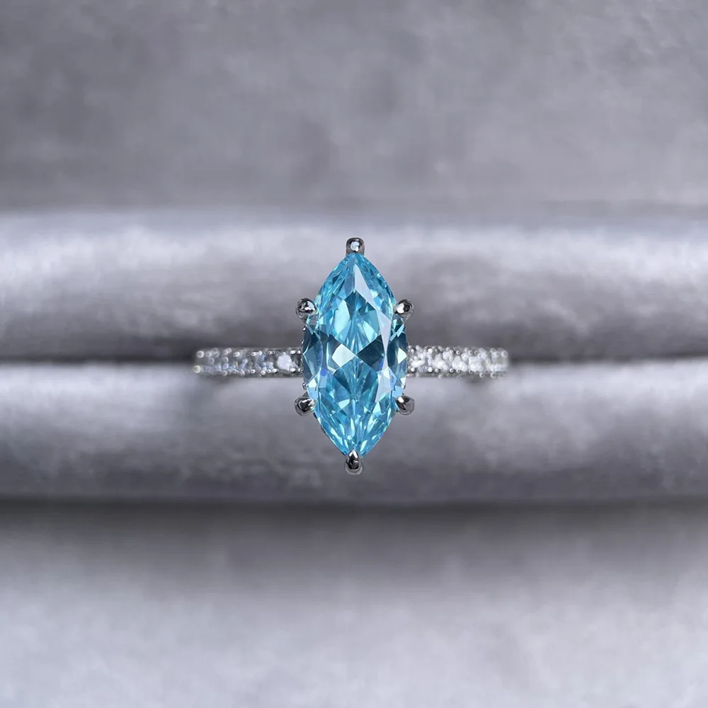 925 Sterling Silve Ring 6×12MM Marquise Cut Blue Diamond Prong Setting Pave Side  for Women Engagement Promise Fine Jewelry Gift