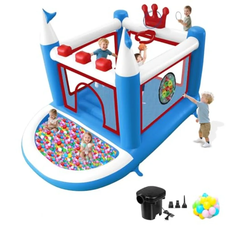 

Bounce House with Ball Pit Basketball Hoop Target Game and Ring Toss Game PVC Jumping Castle with Electric Air Pump 98x 70x 65