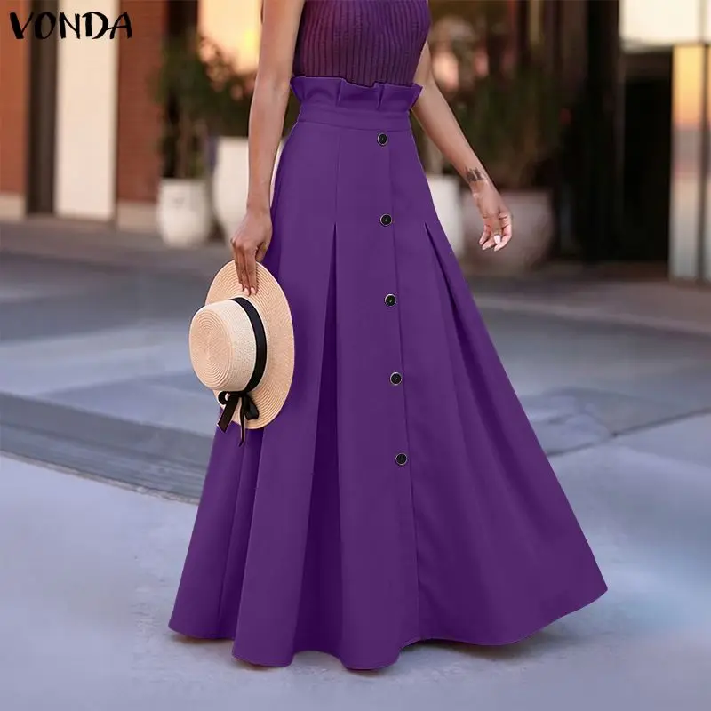 

VONDA Pleated Women Skirts Summer Solid Color Long Skirts Ruffles A-line Vestidos S-3XL Oversize Streetwear Bottoms Button Skirt