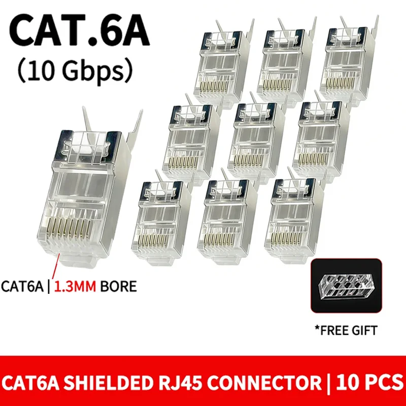 

10Pcs Cat.6A Shielded Pass-Through RJ45 Modular Plug, Gold-Plated Pure Copper Pins, 10Gbps, Compatible with Cat6 Cable