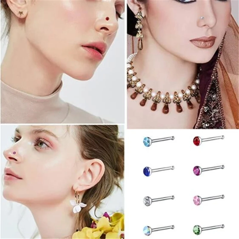 40/60Piece Stainless Steel Nose Stud Set Crystal Nostril Piercing Hoop Bulk L Shape Nose Ring Pack Piercing Nariz Body Jewelry