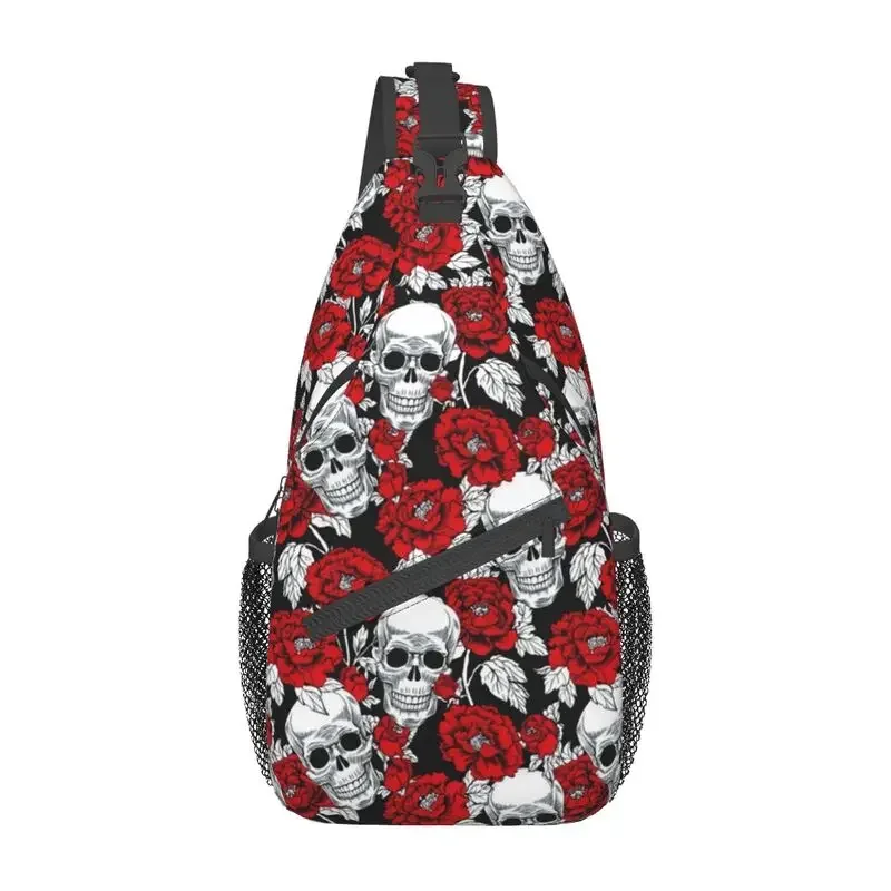 Death Skull Roses Flower Pattern Sling Bag Men Fashion Gothic Skeleton Shoulder Chest Crossbody Backpack Traveling Daypack