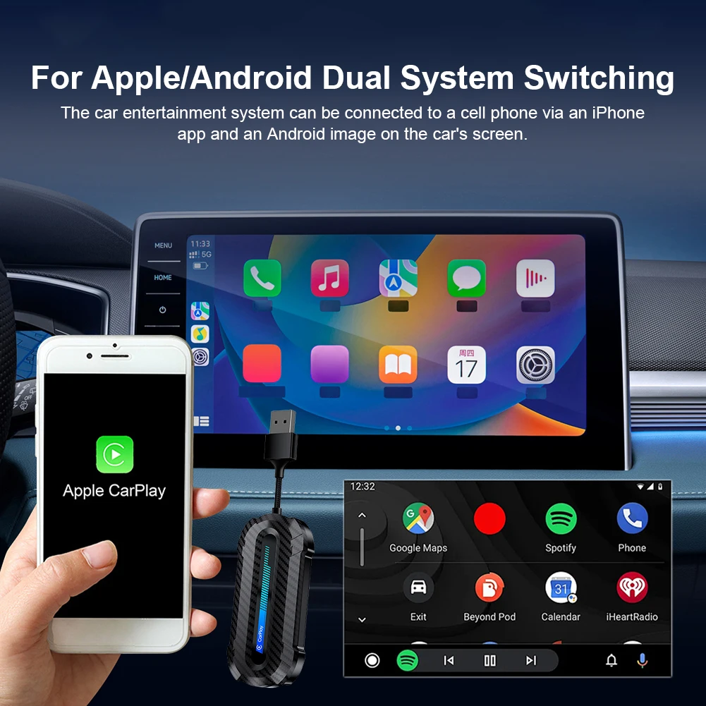 Wired To Wireless Carplay & Android Auto Mini Adapter Bluetooth-Compatible 5.0 WiFi for Factory Wired Carplay Android Auto Cars