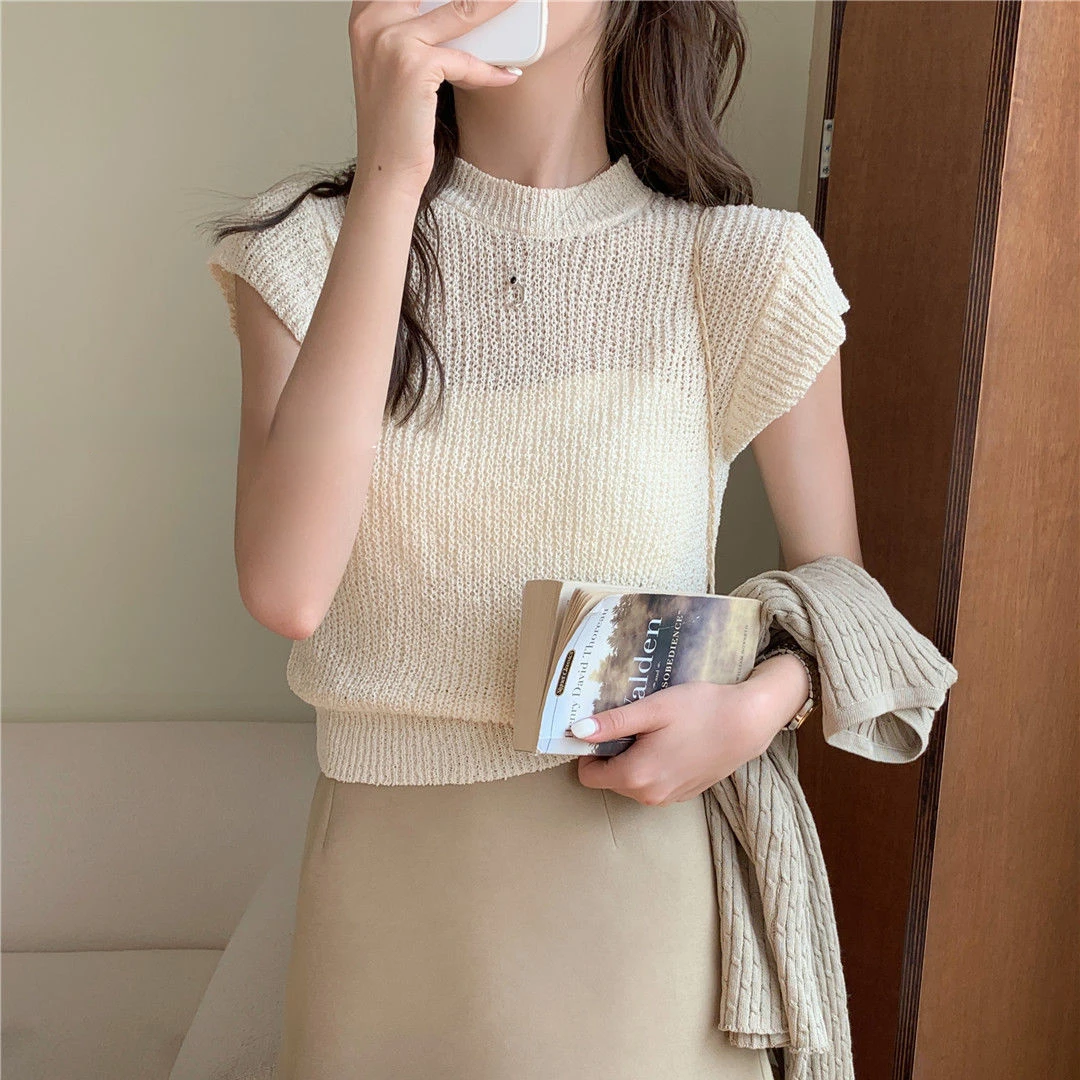 Knit T-shirts Women Summer Thin Kawaii Candy Color Short-sleeved Tops Tender French Style Female Simple Chic Streetwear O-neck